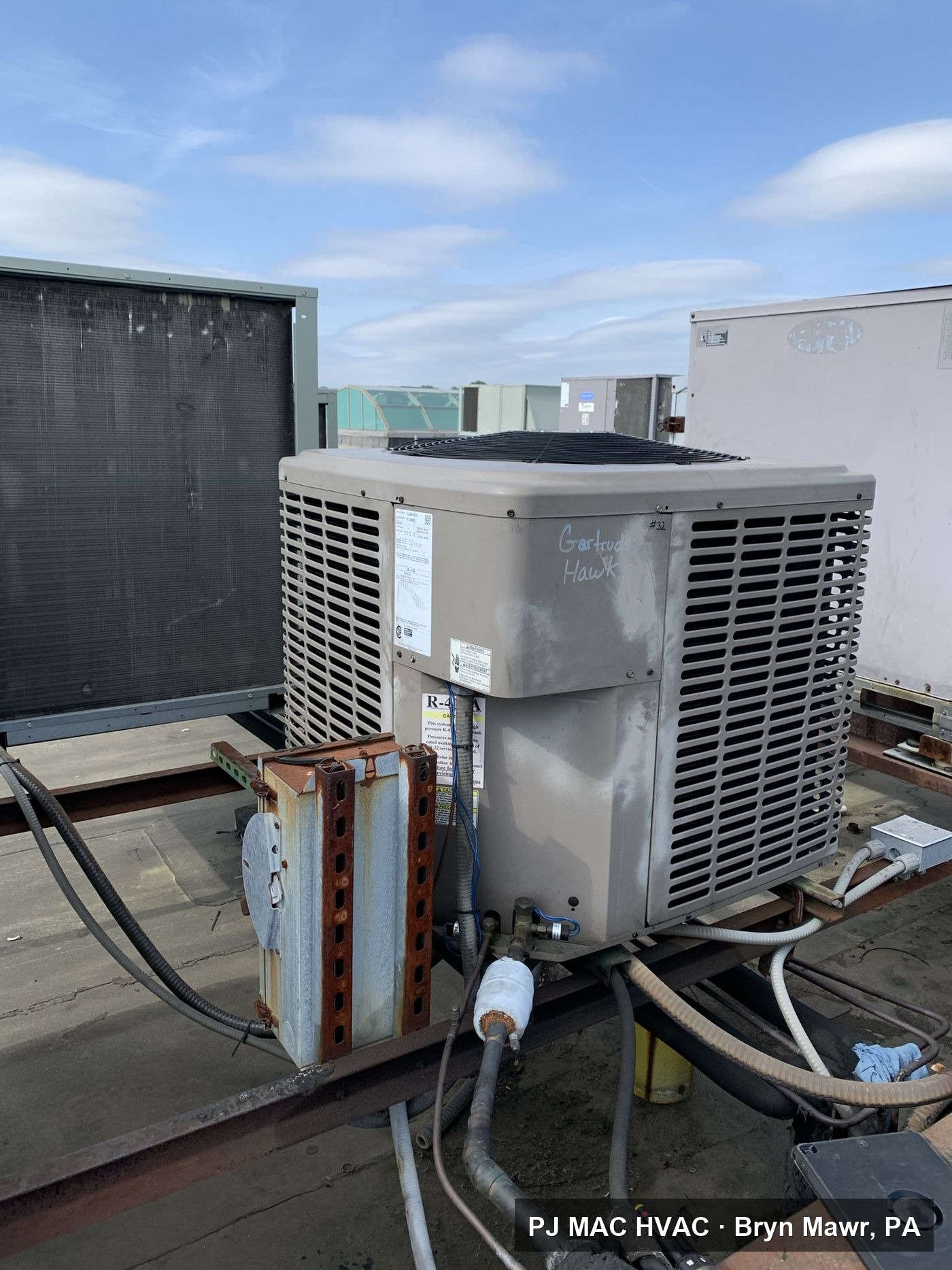 A commercial rooftop condenser unit serviced by PJ MAC HVAC.